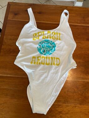 aerie White One-Piece Swimsuit with Yellow and Teal Graphic